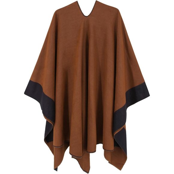 Women's Shawl Wrap Poncho Ruana Cape Open Front Cardigan Fall Winter Camel - Picture 2 of 6